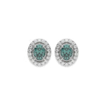 14k White gold Oval Diamond Halo Earrings made with an fancy green oval cut solitaire diamonds set in a four prong setting