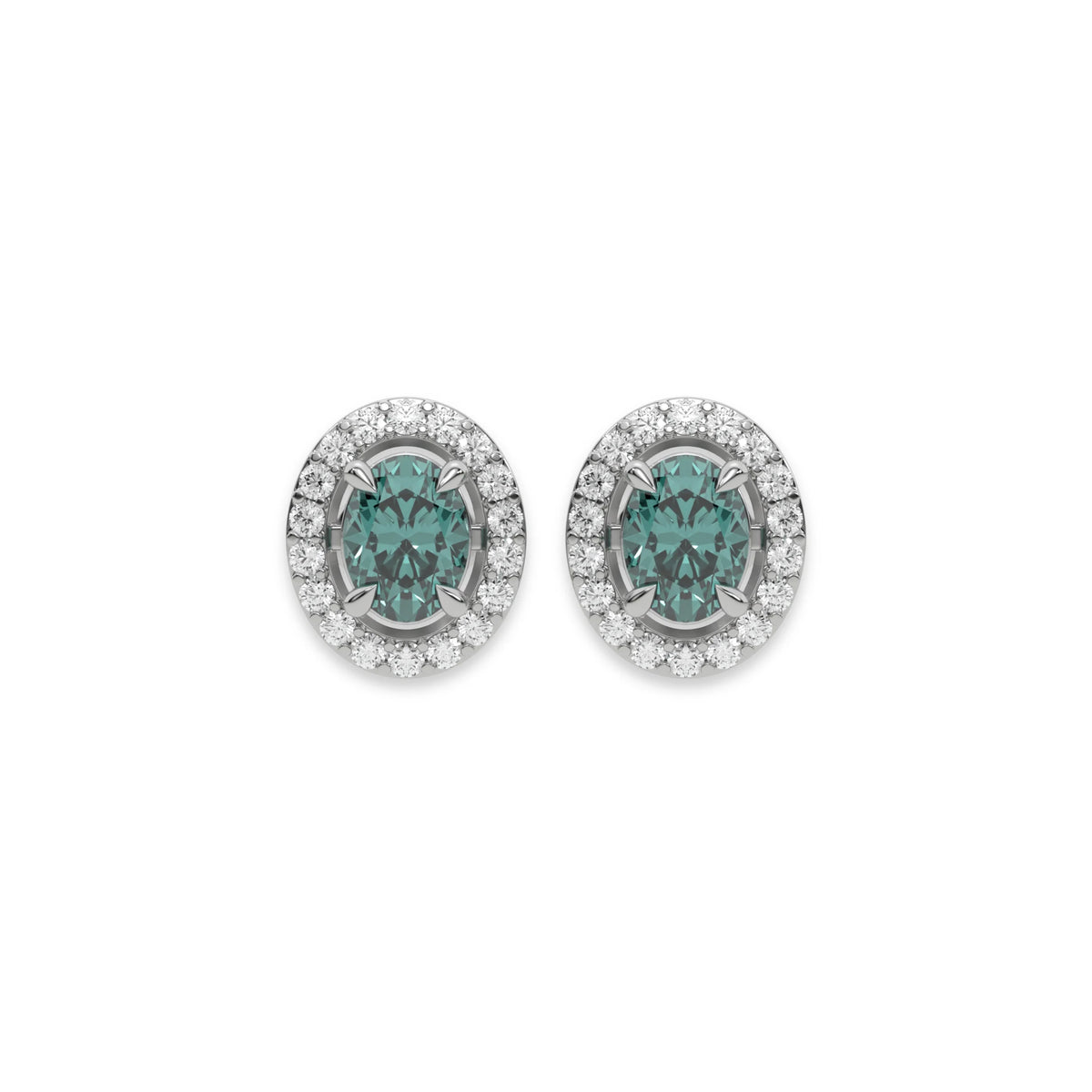 14k White gold Oval Diamond Halo Earrings made with an fancy green oval cut solitaire diamonds set in a four prong setting