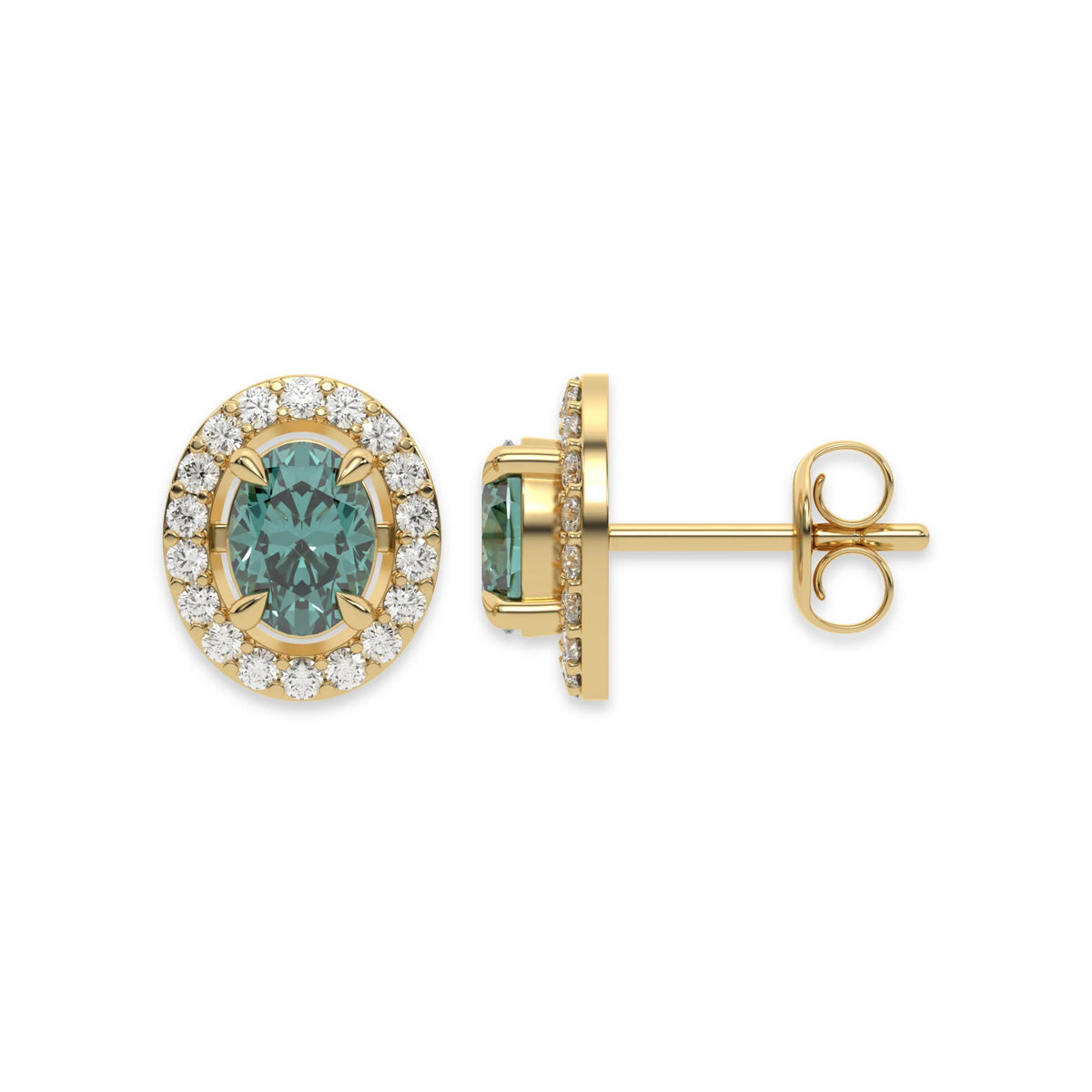 14k yellow gold Oval Diamond Halo Earrings made with an fancy green oval cut solitaire diamonds set in a four prong setting