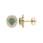 This yellow gold Classic Oval Diamond Halo Earrings made with an fancy green oval cut solitaire diamonds set in a four prong setting in top view and side view