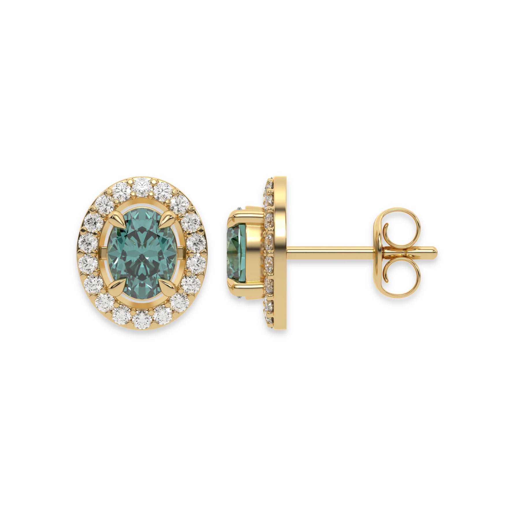 This yellow gold Classic Oval Diamond Halo Earrings made with an fancy green oval cut solitaire diamonds set in a four prong setting in top view and side view