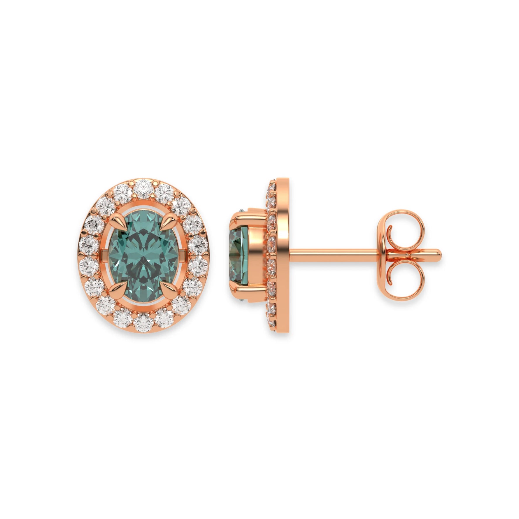 This rose gold Classic Oval Diamond Halo Earrings made with an fancy green oval cut solitaire diamonds set in a four prong setting in top view and side view 