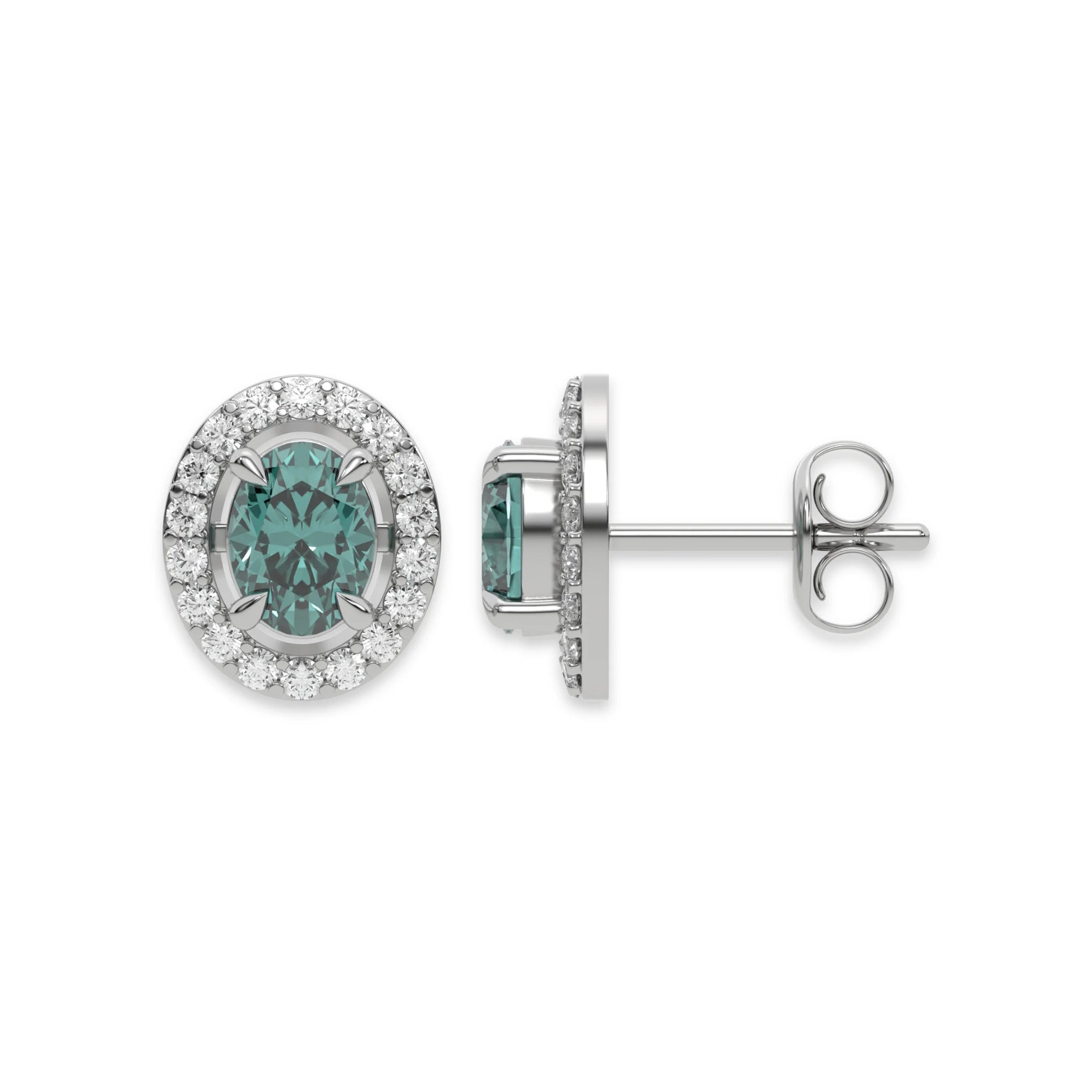 This white gold Classic Oval Diamond Halo Earrings made with an fancy green oval cut solitaire diamonds set in a four prong setting in top view and side view