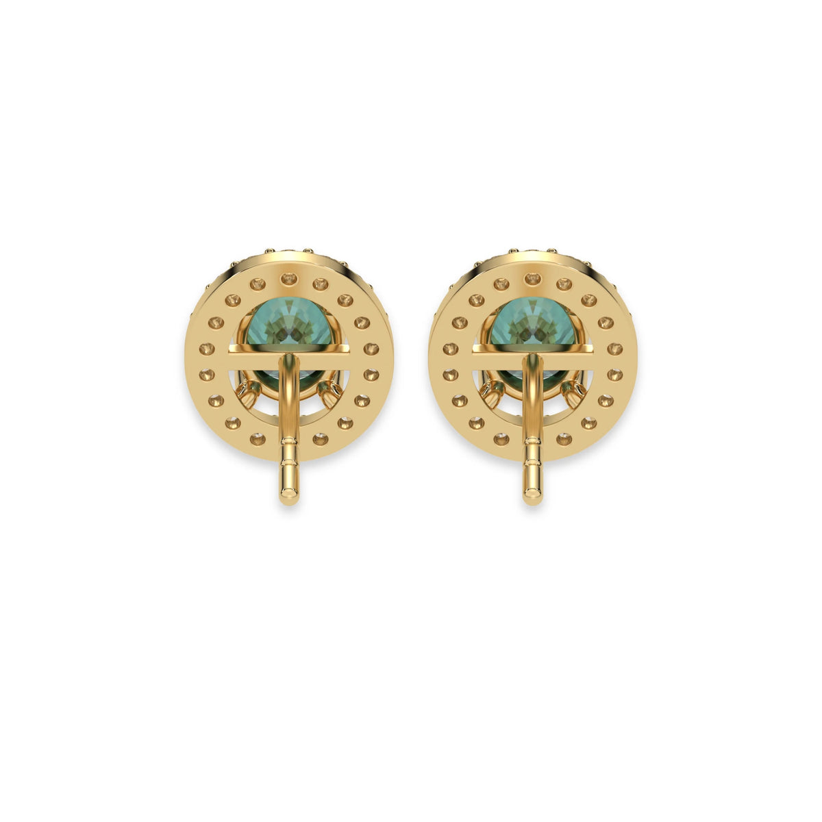 This yellow gold Classic Oval Diamond Halo Earrings made with an fancy green oval cut solitaire diamonds set in a four prong setting in back view