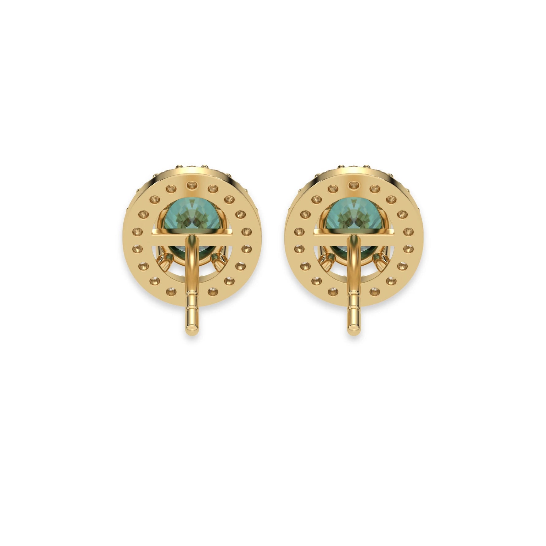 This yellow gold Classic Oval Diamond Halo Earrings made with an fancy green oval cut solitaire diamonds set in a four prong setting in back view