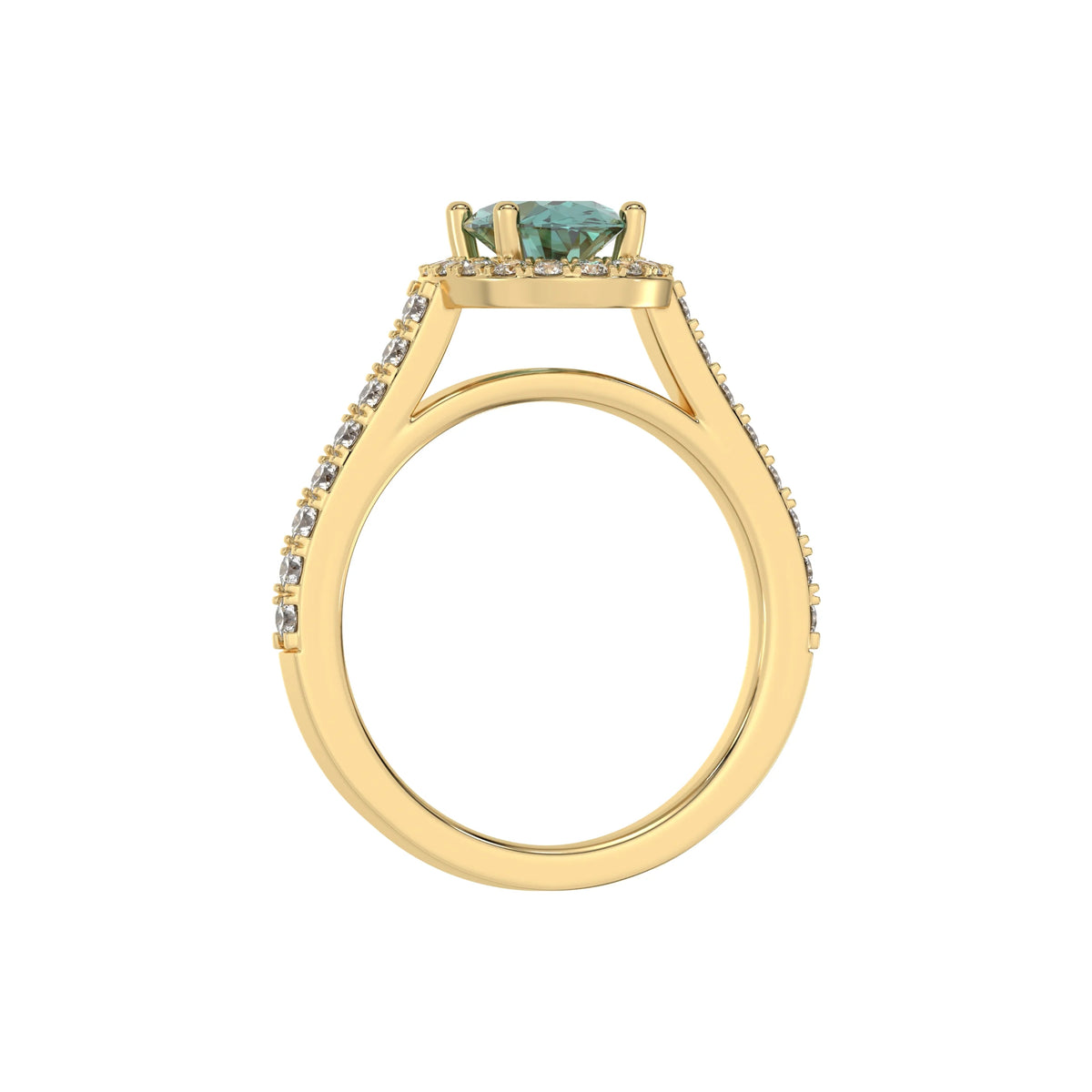 This yellow gold Oval Diamond Halo Engagement Ring is made with a fancy green oval solitaire diamond set in a four-prong setting, surrounded by a halo of round diamonds all set on a pave band in through finger view