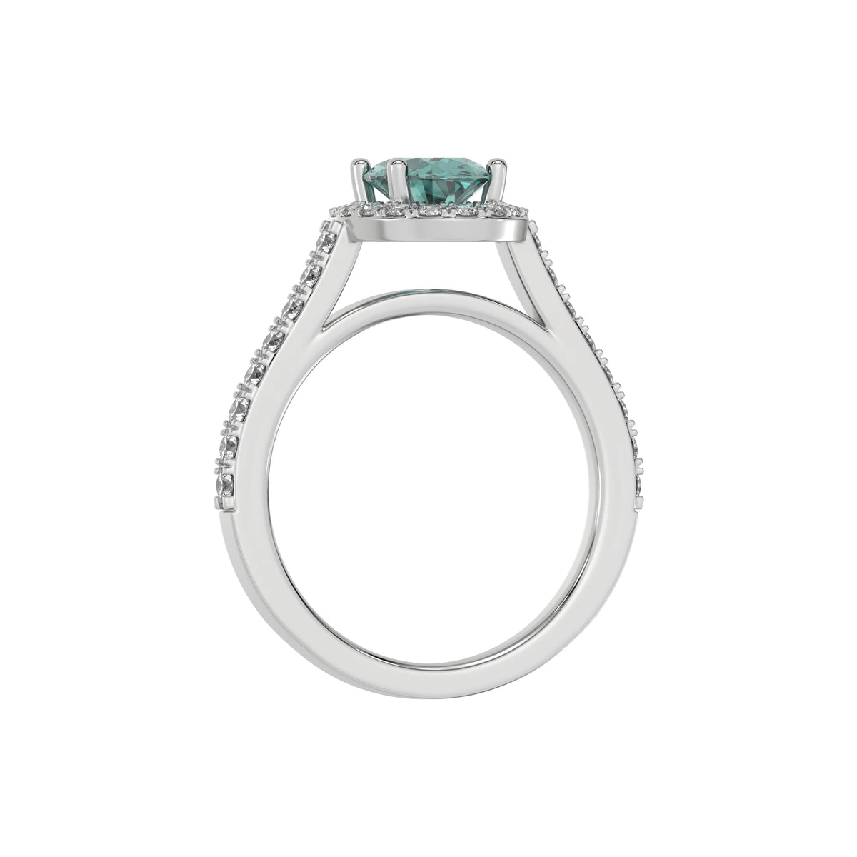 This white gold Oval Diamond Halo Engagement Ring is made with a fancy green oval solitaire diamond set in a four-prong setting, surrounded by a halo of round diamonds all set on a pave band in through finger view