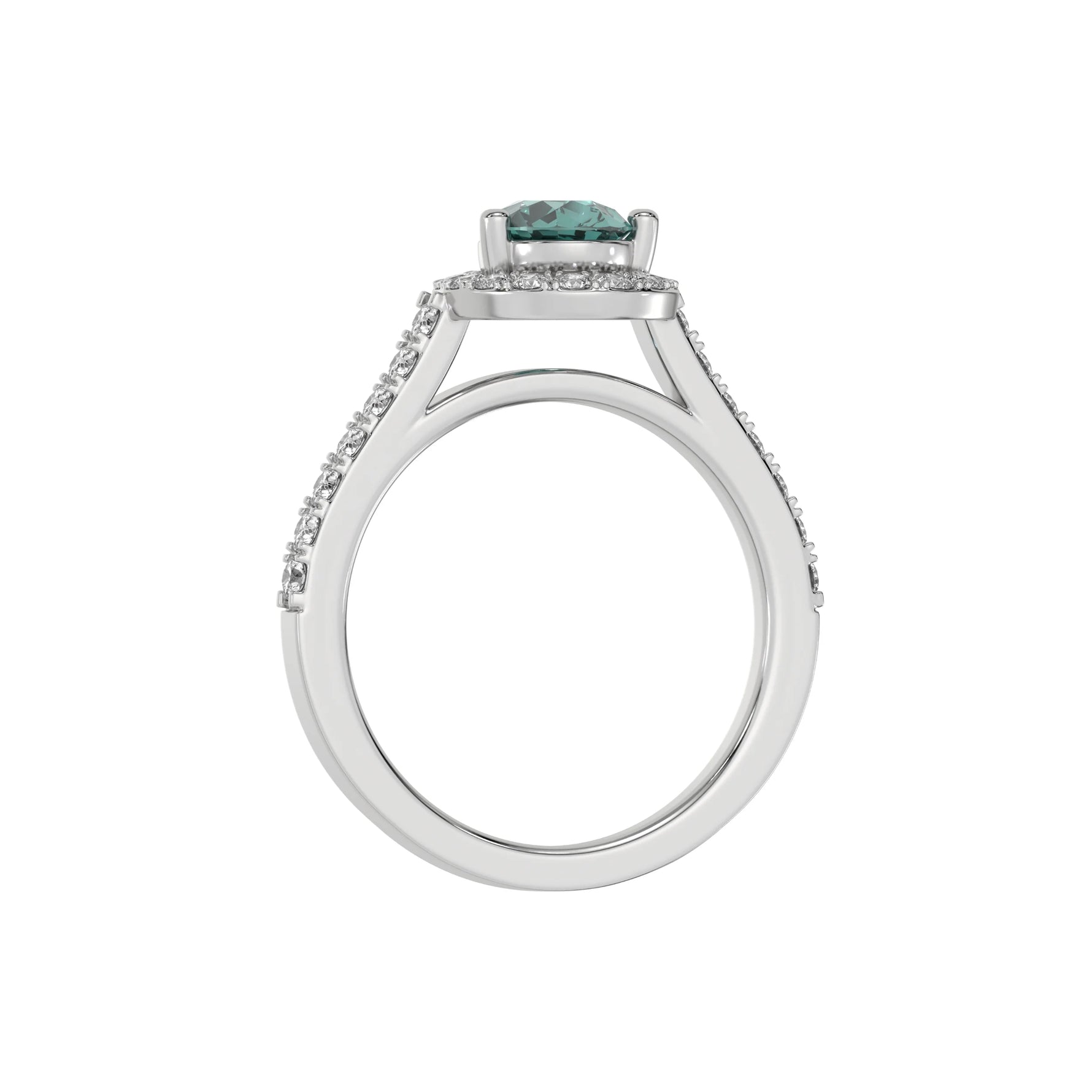 This white gold Pear Diamond Halo Engagement Ring is made with a fancy green pear solitaire diamond set in a four-prong setting in through finger view