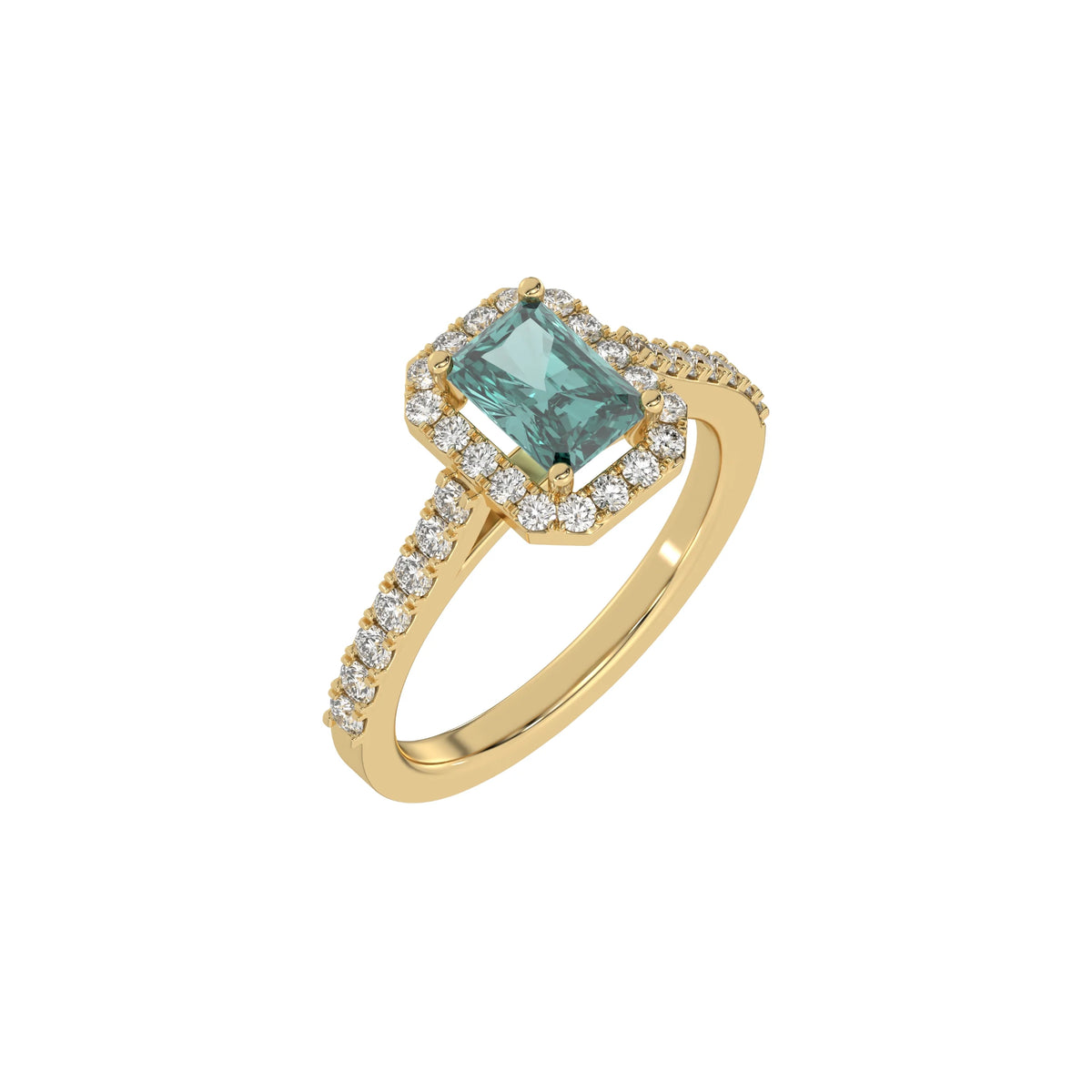 This yellow gold Radiant Diamond Halo Engagement Ring is made with a fancy green radiant solitaire diamond set in a four-prong setting in 3D view