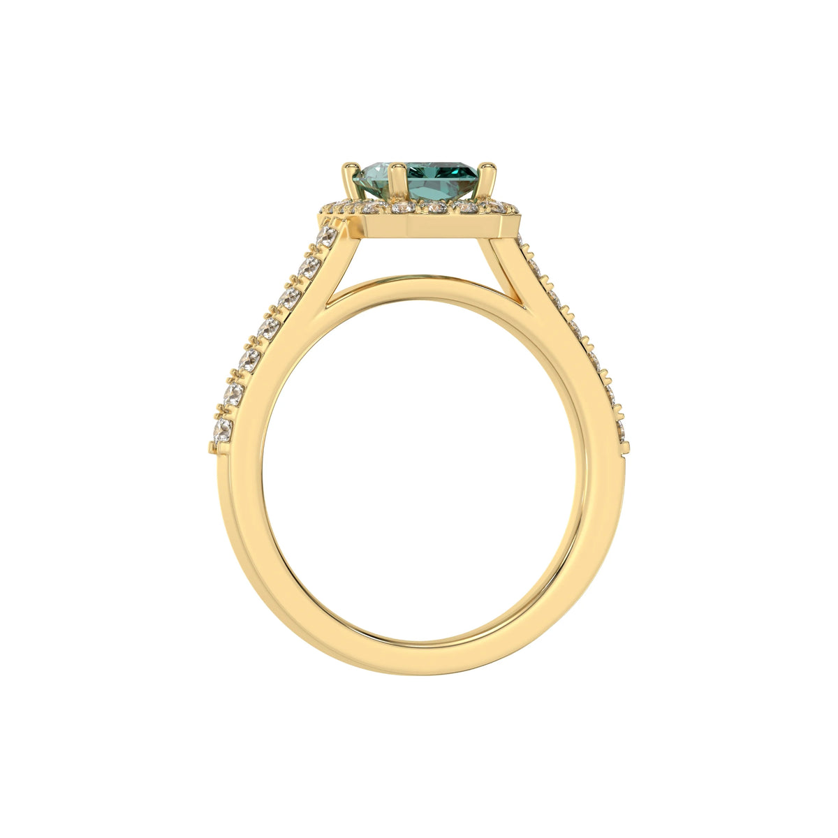 This yellow gold Radiant Diamond Halo Engagement Ring is made with a fancy green radiant solitaire diamond set in a four-prong setting in through finger view