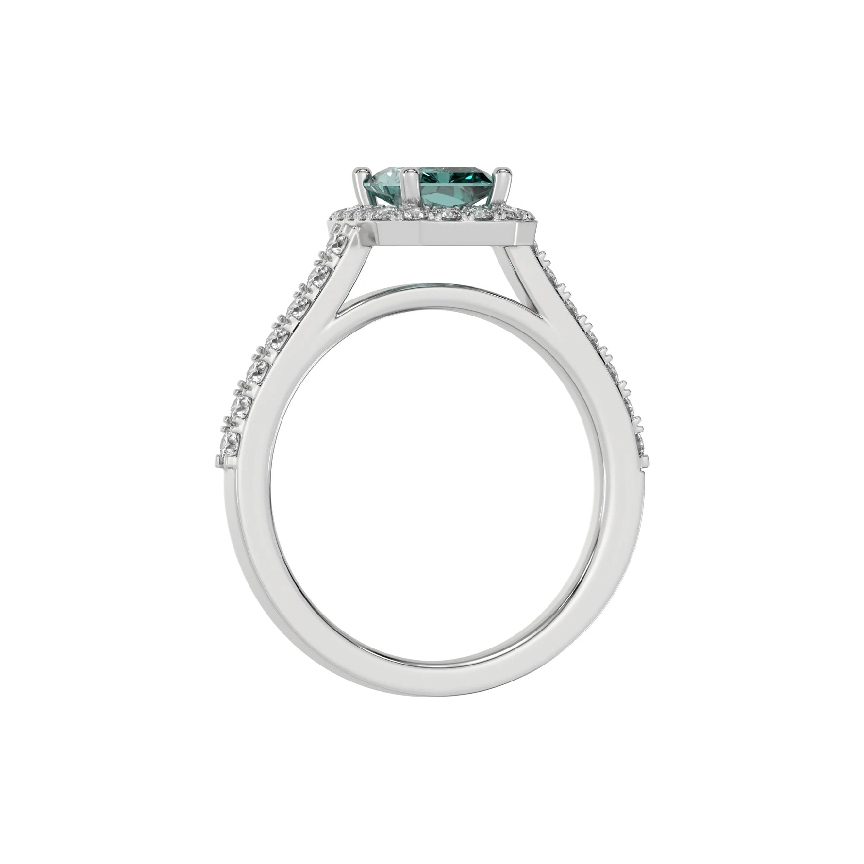 This white gold Radiant Diamond Halo Engagement Ring is made with a fancy green radiant solitaire diamond set in a four-prong setting in through finger view