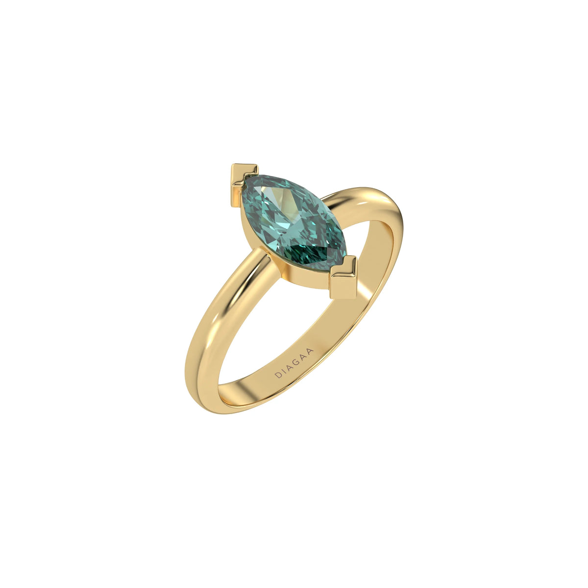 This yellow gold ring features a fancy Green marquise solitaire diamond elegantly secured in a two v-prong setting on a solid gold band in 3D view