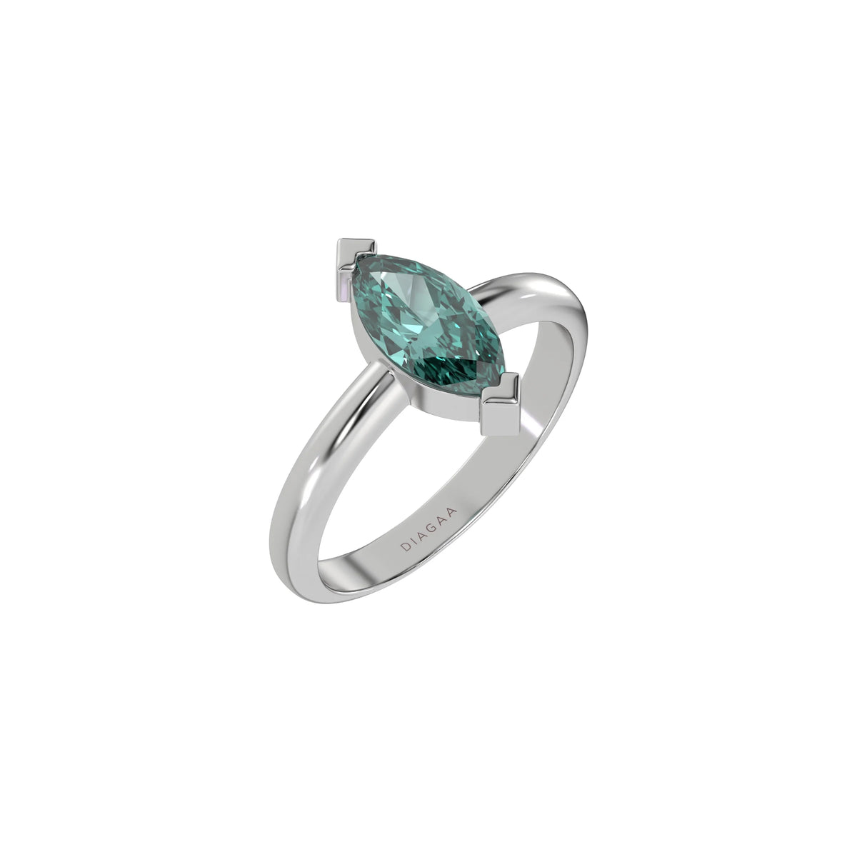 This white gold ring features a fancy Green marquise solitaire diamond elegantly secured in a two v-prong setting on a solid gold band in 3D view