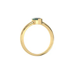 This yellow gold ring features a fancy Green marquise solitaire diamond elegantly secured in a two v-prong setting on a solid gold band in through finger view