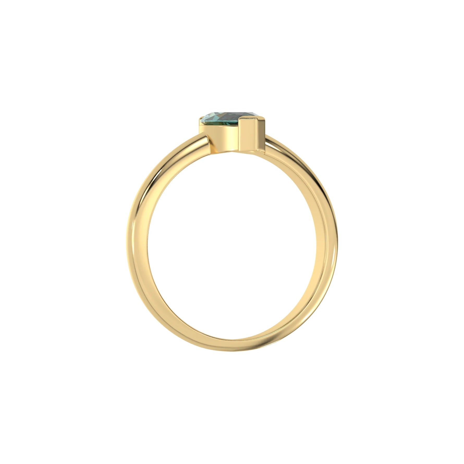 This yellow gold ring features a fancy Green marquise solitaire diamond elegantly secured in a two v-prong setting on a solid gold band in through finger view