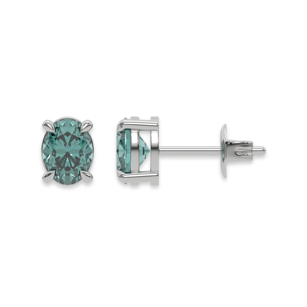 18k white gold Oval Diamond Earrings made with a fancy green oval cut diamond set in a four prong setting