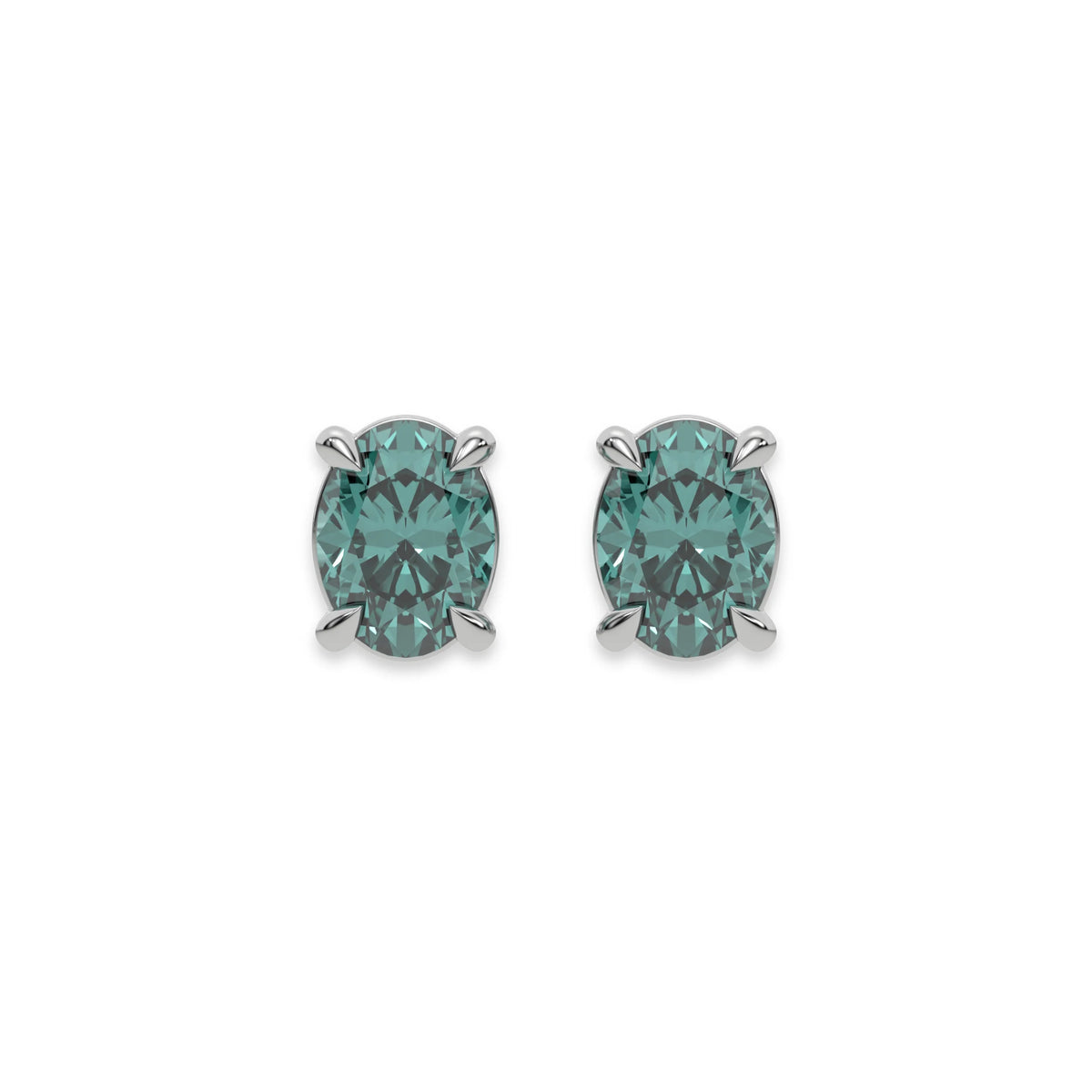 14k White gold Oval Diamond Earrings made with a fancy green oval cut diamond set in a four prong setting