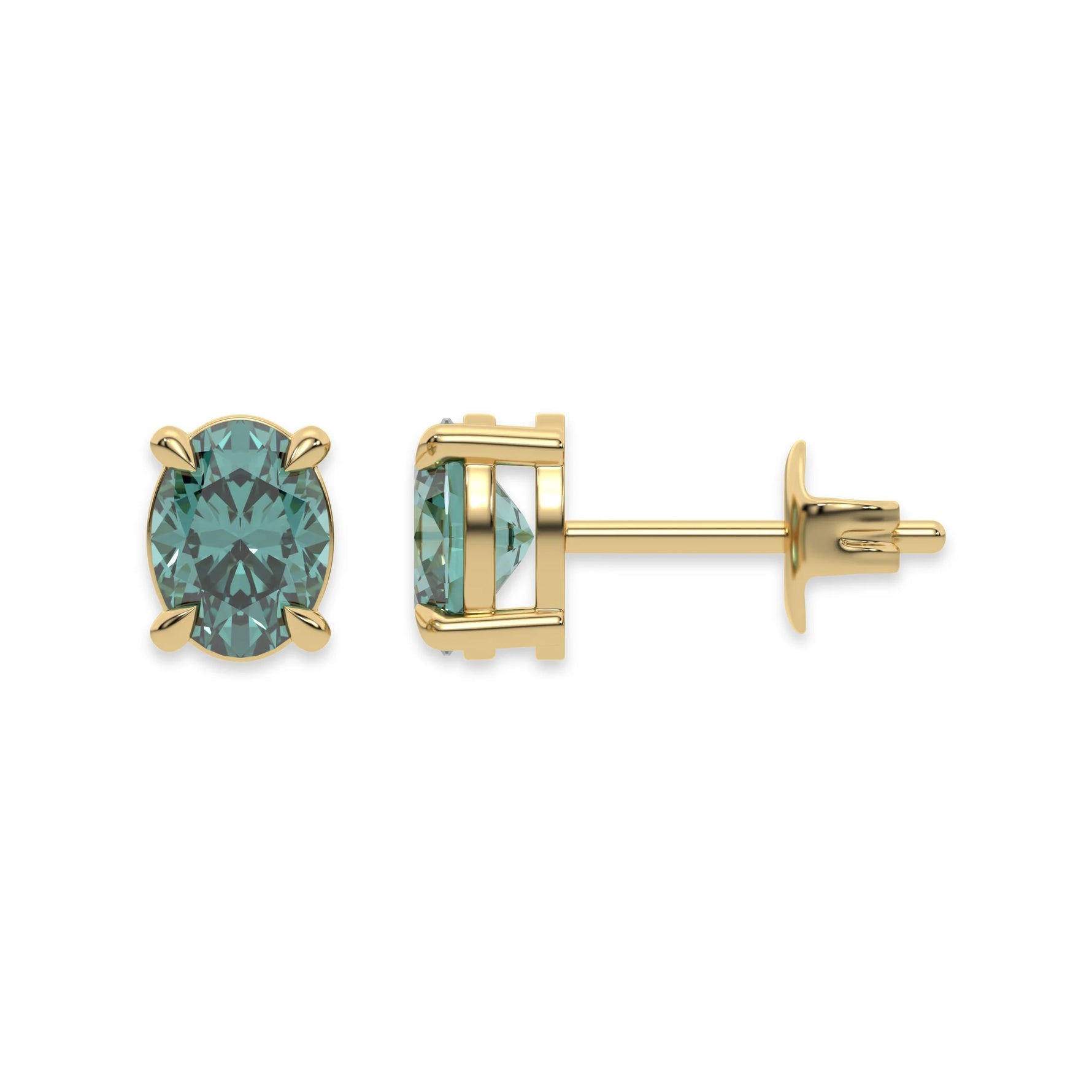 This yellow gold Classic Oval Diamond Earrings made with an fancy green oval-cut diamonds set in a four prong setting in top view and side view