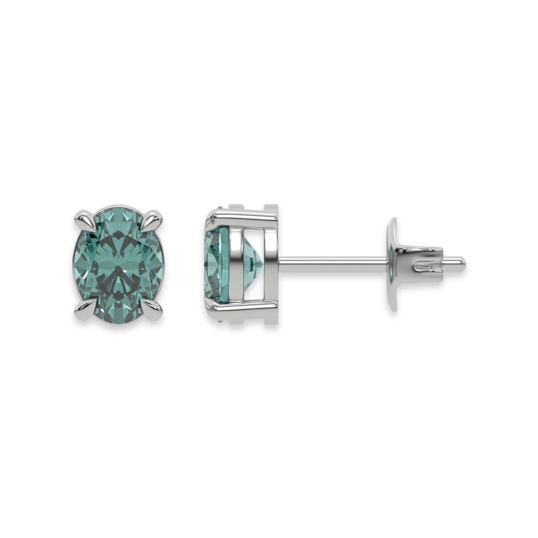 This white gold Classic Oval Diamond Earrings made with an fancy green oval-cut diamonds set in a four prong setting in top view and side view