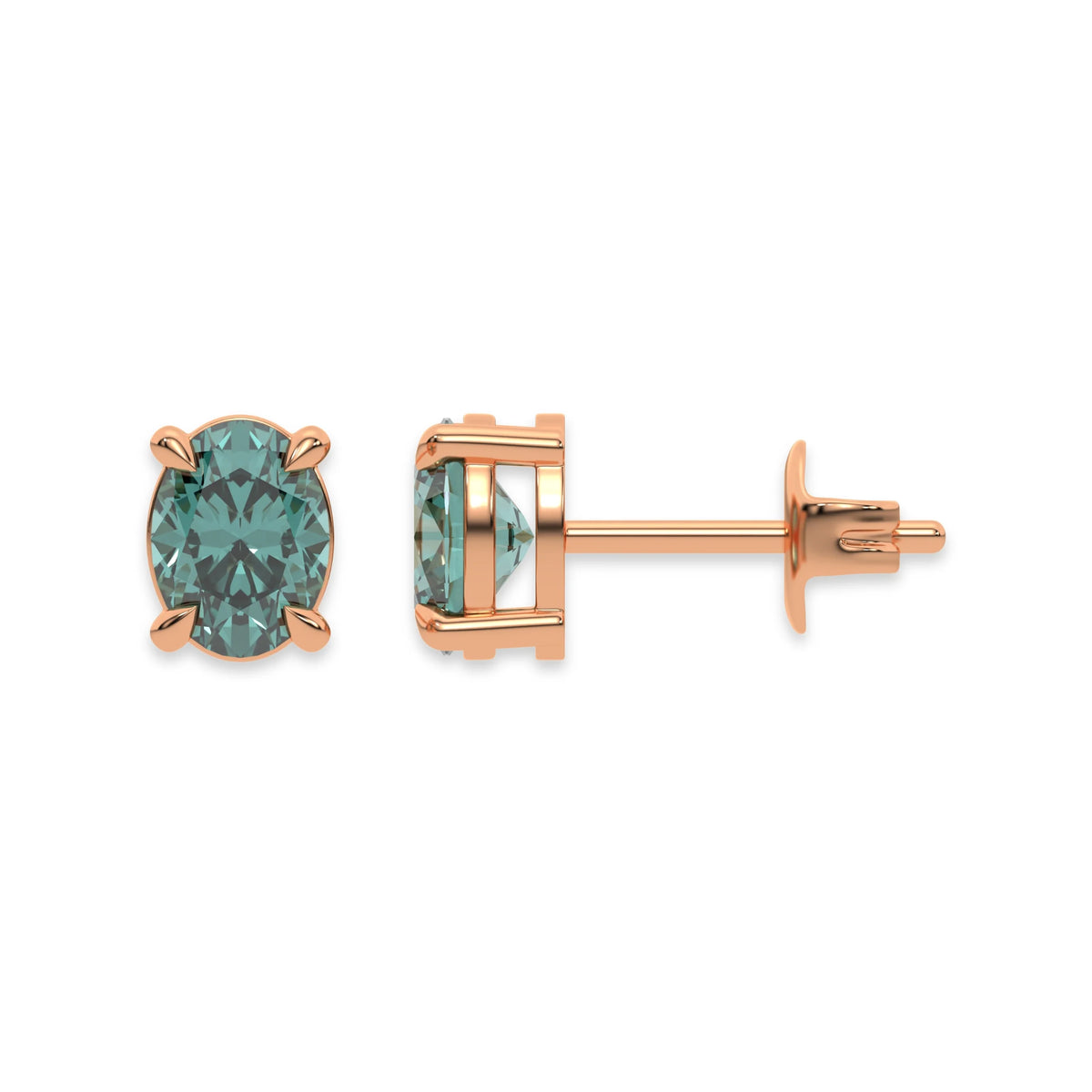 This rose gold Classic Oval Diamond Earrings made with an fancy green oval-cut diamonds set in a four prong setting in top view and side view