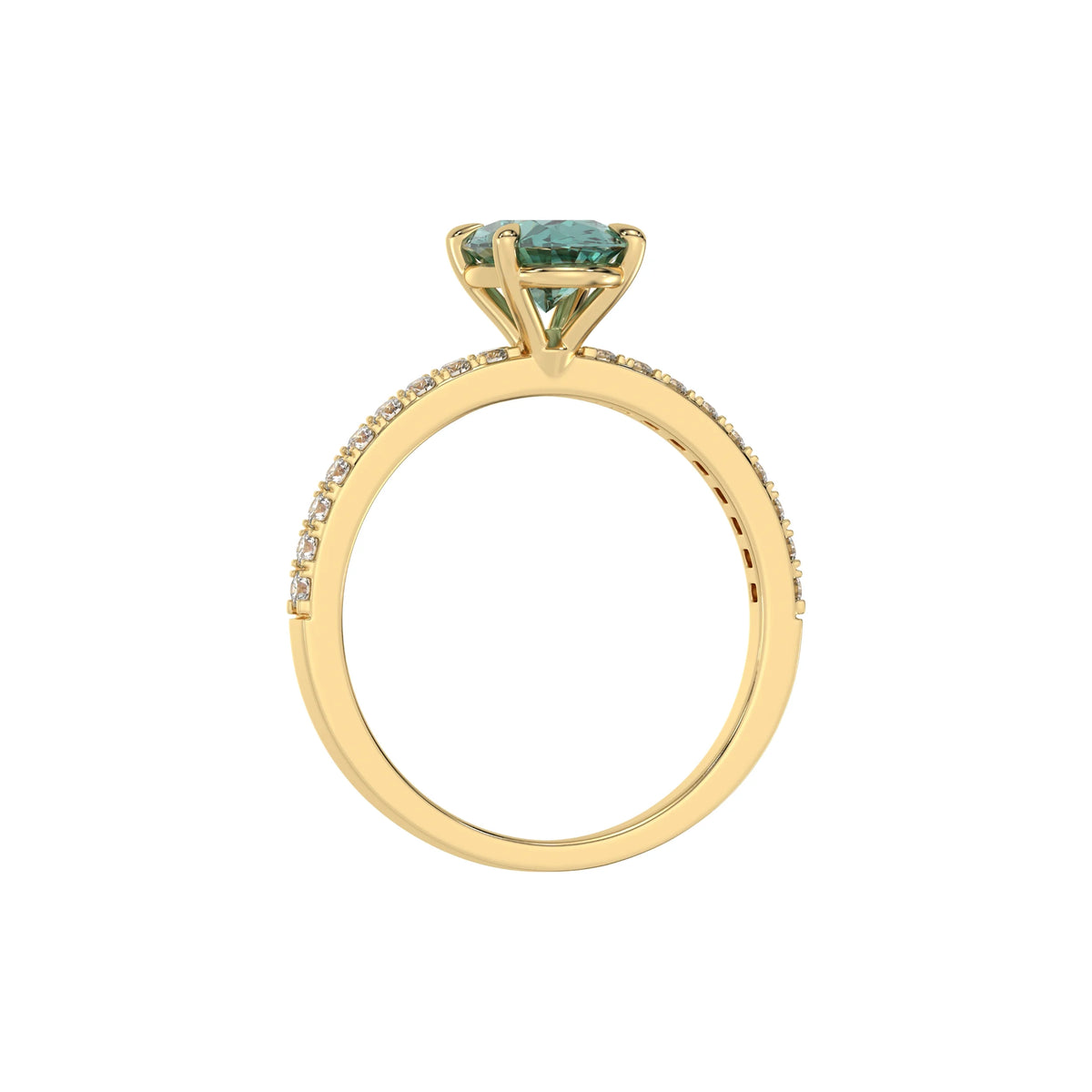 This yellow gold ring is made with an fancy Green oval solitaire diamond set in four-prong setting, and is complemented by a round pave diamonds band in through finger view