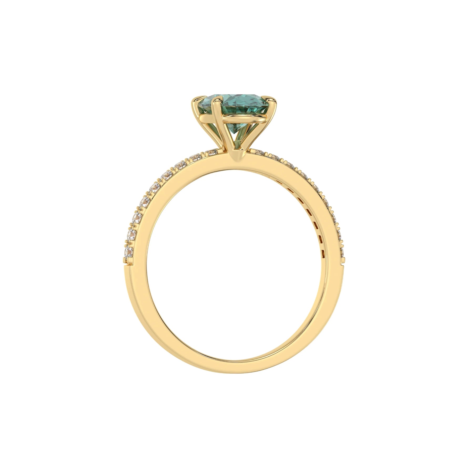 This yellow gold ring is made with an fancy Green oval solitaire diamond set in four-prong setting, and is complemented by a round pave diamonds band in through finger view