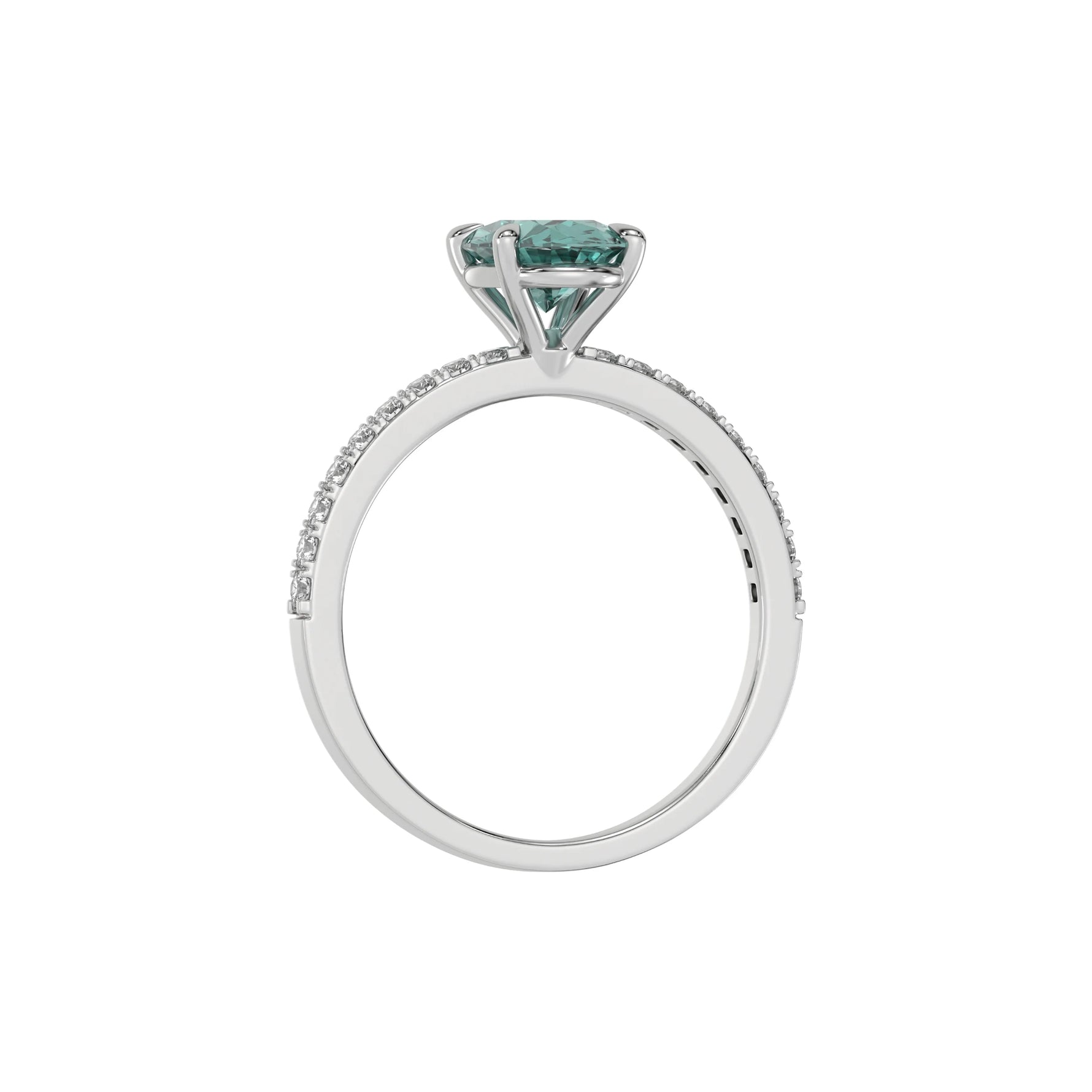 This white gold ring is made with an fancy Green oval solitaire diamond set in four-prong setting, and is complemented by a round pave diamonds band in through finger view