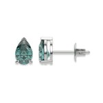 18k white gold Pear shaped diamond stud earrings made with a fancy green pear shaped diamond set in a four prong setting