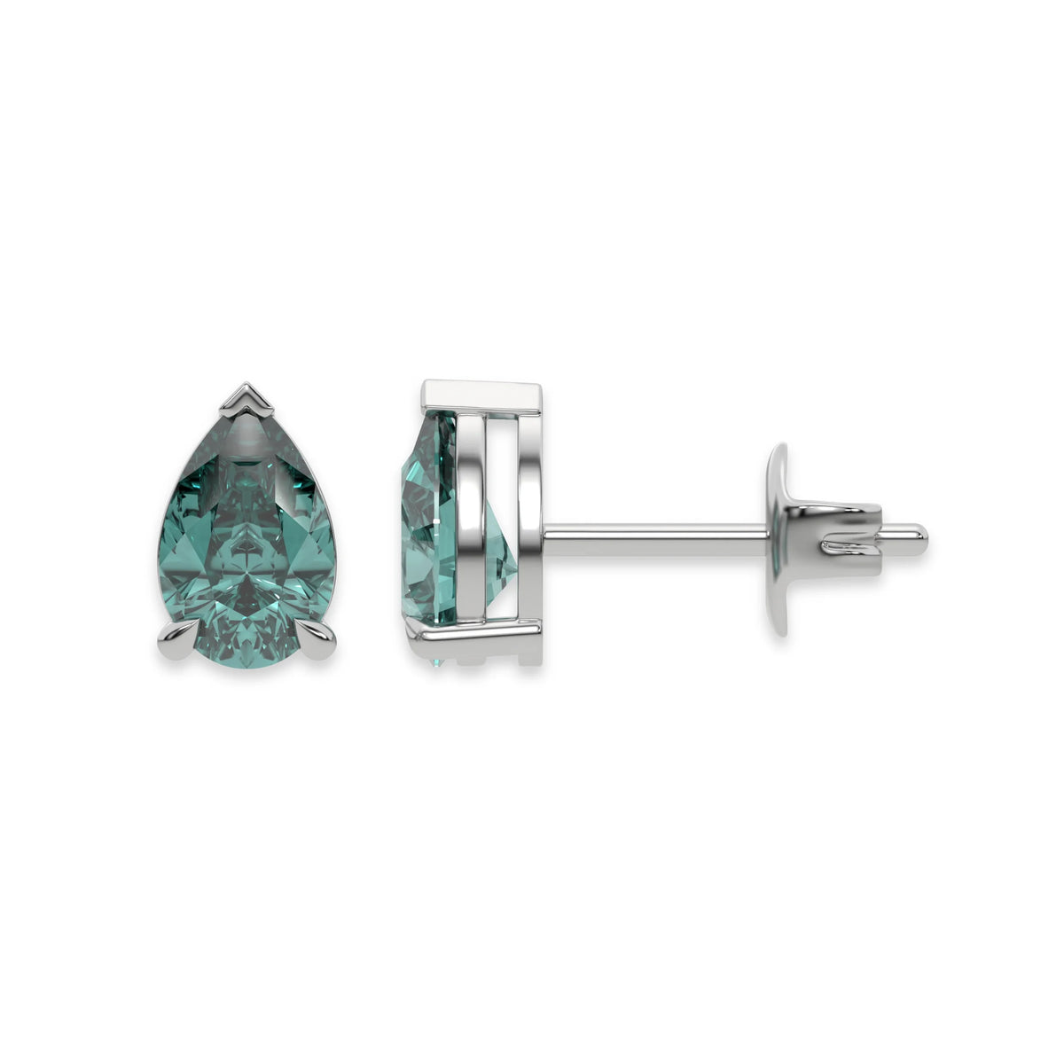 18k white gold Pear shaped diamond stud earrings made with a fancy green pear shaped diamond set in a four prong setting