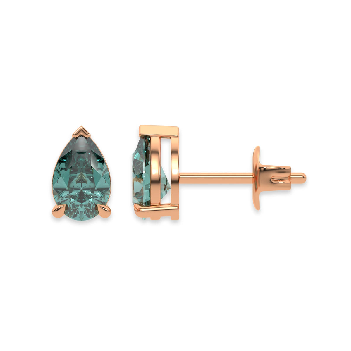 18k rose gold Pear shaped diamond stud earrings made with a fancy green pear shaped diamond set in a four prong setting