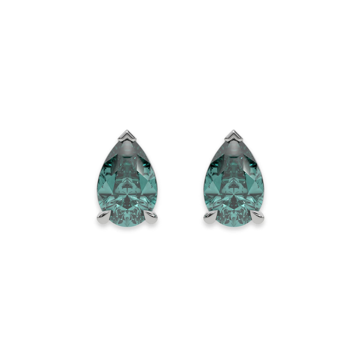 18k White gold Pear shaped diamond stud earrings made with a fancy green pear shaped diamond set in a four prong setting