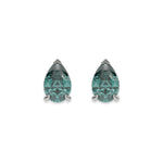 18k White gold Pear shaped diamond stud earrings made with a fancy green pear shaped diamond set in a four prong setting