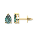 14k yellow gold Pear shaped diamond stud earrings made with a fancy green pear shaped diamond set in a four prong setting