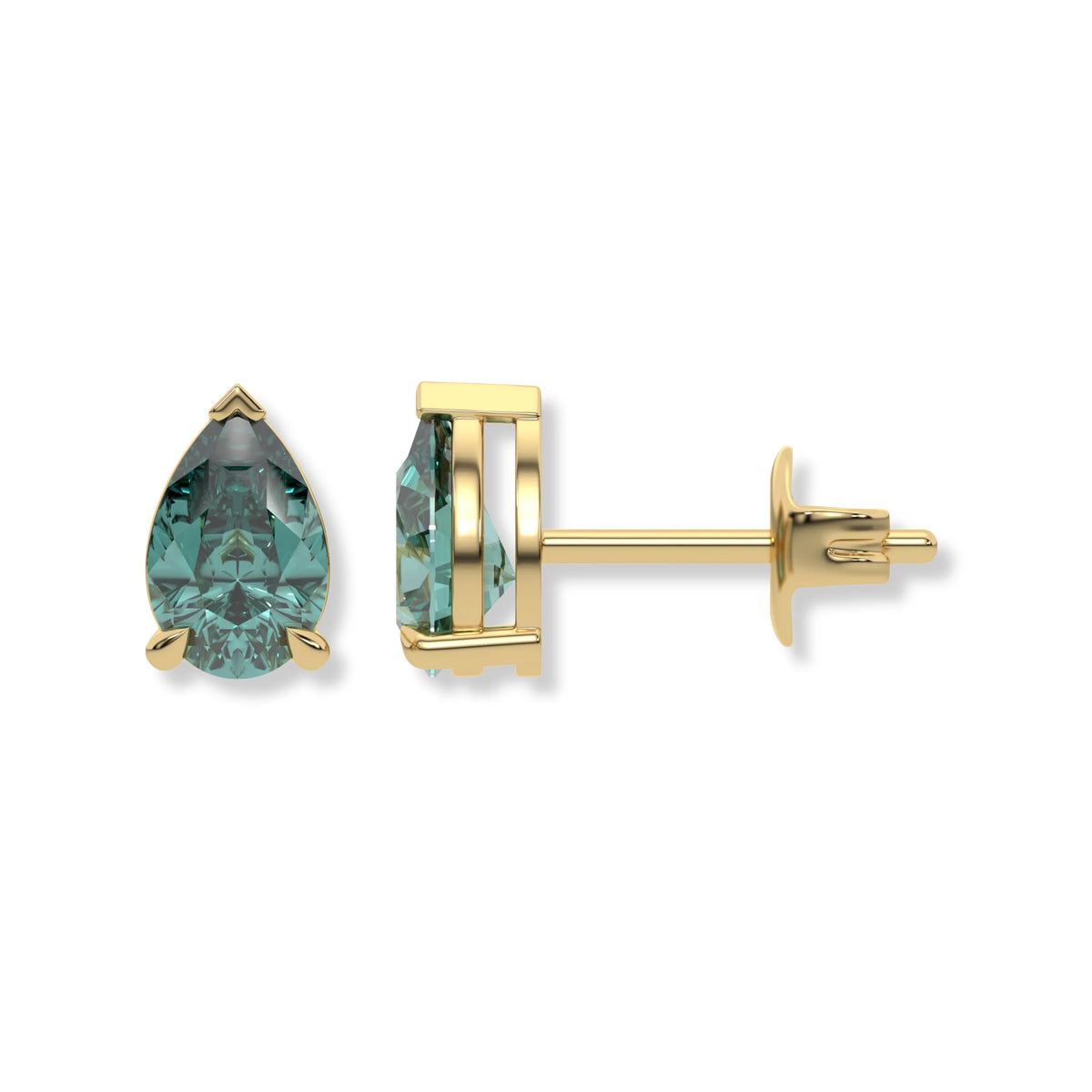 14k yellow gold Pear shaped diamond stud earrings made with a fancy green pear shaped diamond set in a four prong setting