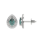 18k white gold Pear Diamond Halo Earrings made with a fancy green pear cut solitaire diamond set in a four prong setting.