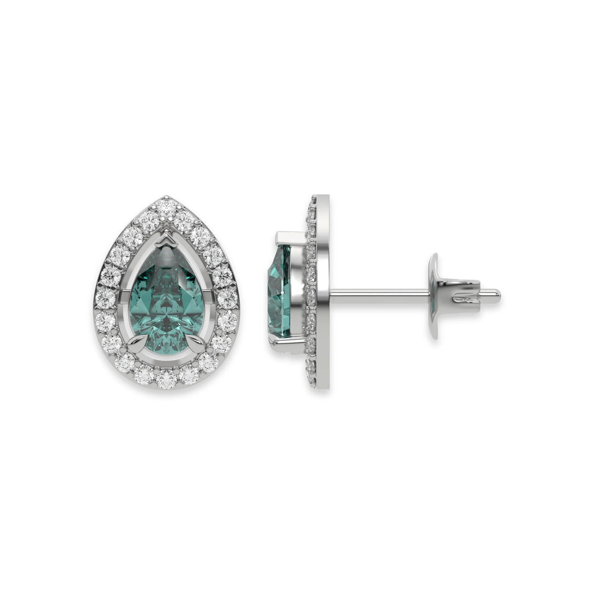 18k white gold Pear Diamond Halo Earrings made with a fancy green pear cut solitaire diamond set in a four prong setting.