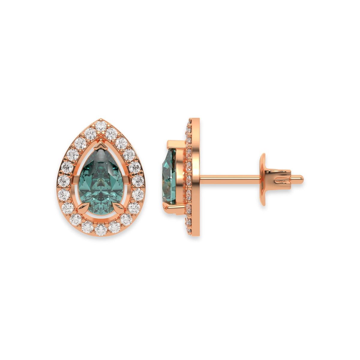 14k rose gold Pear Diamond Halo Earrings made with a fancy green pear cut solitaire diamond set in a four prong setting.
