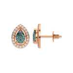 14k rose gold Pear Diamond Halo Earrings made with a fancy green pear cut solitaire diamond set in a four prong setting.