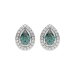 18k white gold Pear Diamond Halo Earrings made with a fancy green pear cut solitaire diamond set in a four prong setting.