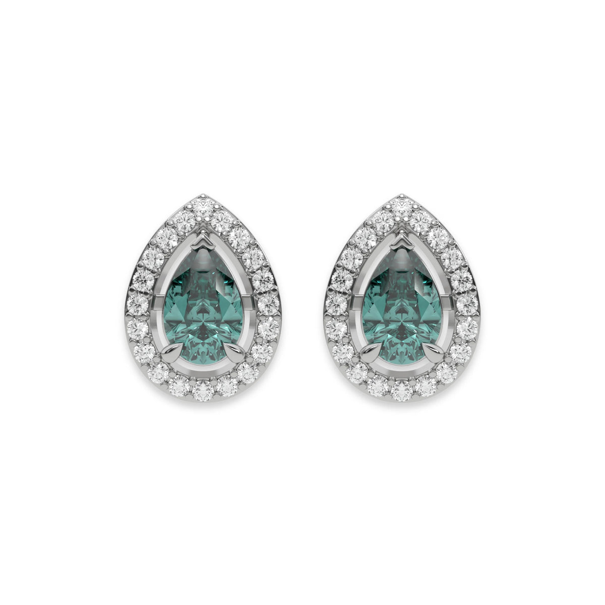 18k white gold Pear Diamond Halo Earrings made with a fancy green pear cut solitaire diamond set in a four prong setting.