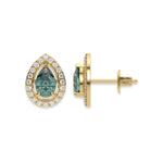 14k yellow gold Pear Diamond Halo Earrings made with a fancy green pear cut solitaire diamond set in a four prong setting.