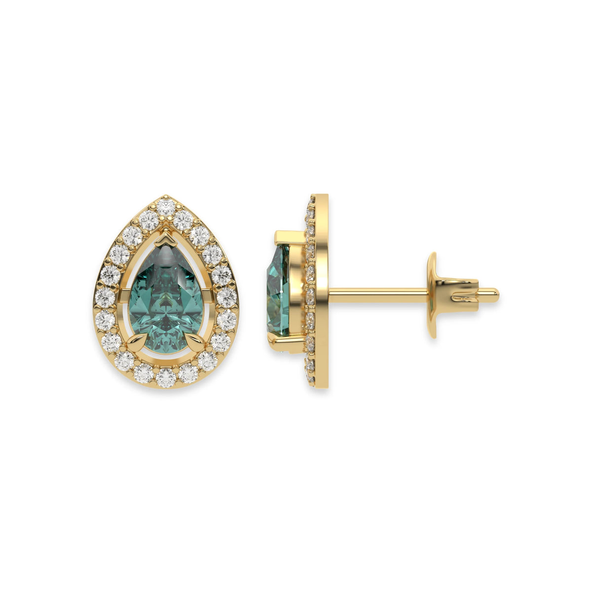 14k yellow gold Pear Diamond Halo Earrings made with a fancy green pear cut solitaire diamond set in a four prong setting.