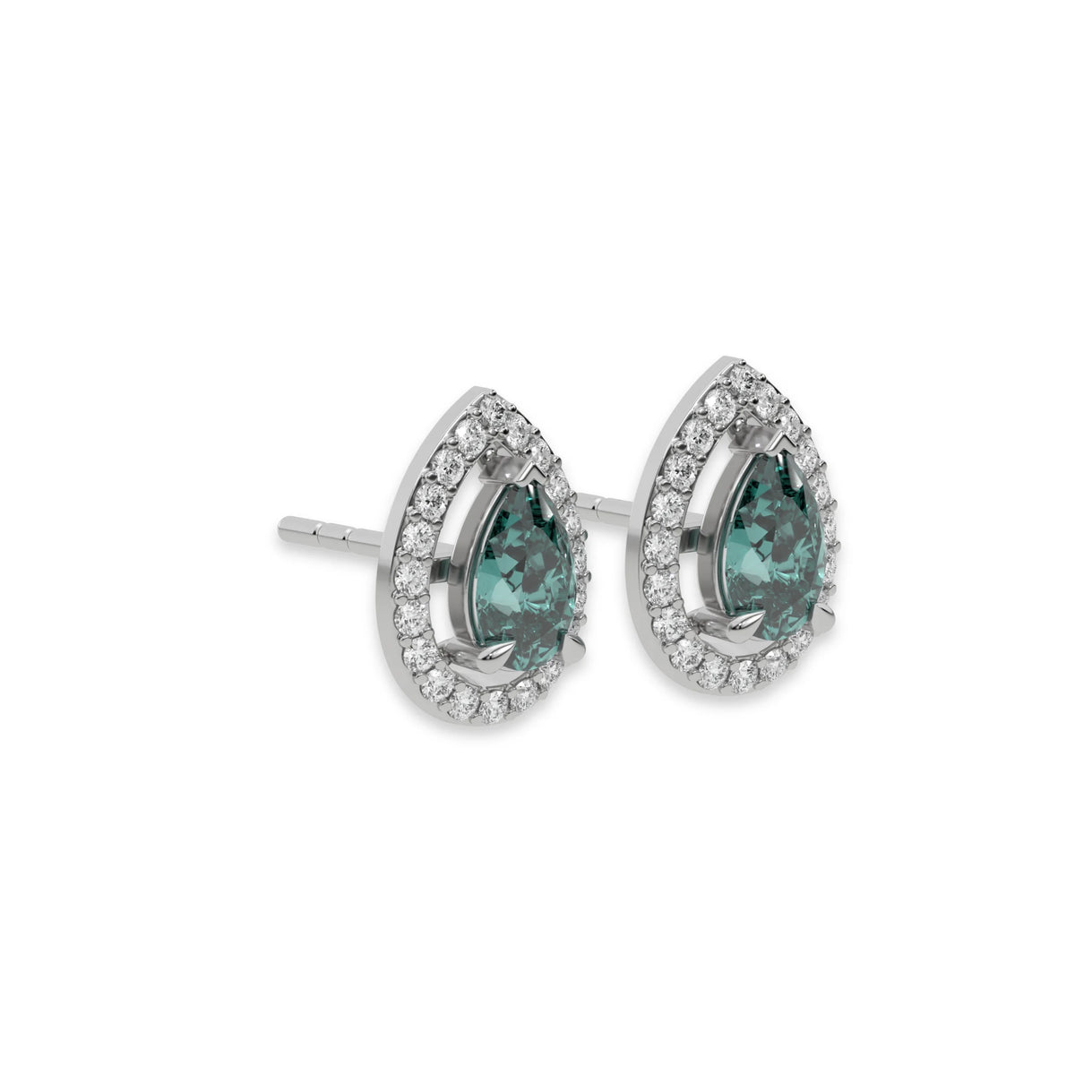 This white gold Classic Pear Diamond Halo Earrings made with a fancy green pear cut solitaire diamonds set in a four prong setting in side view