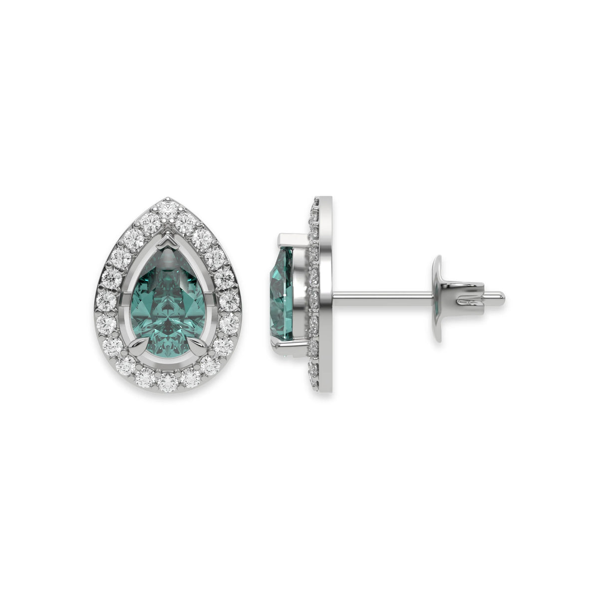 This white gold Classic Pear Diamond Halo Earrings made with a fancy green pear cut solitaire diamonds set in a four prong setting in top view and side view