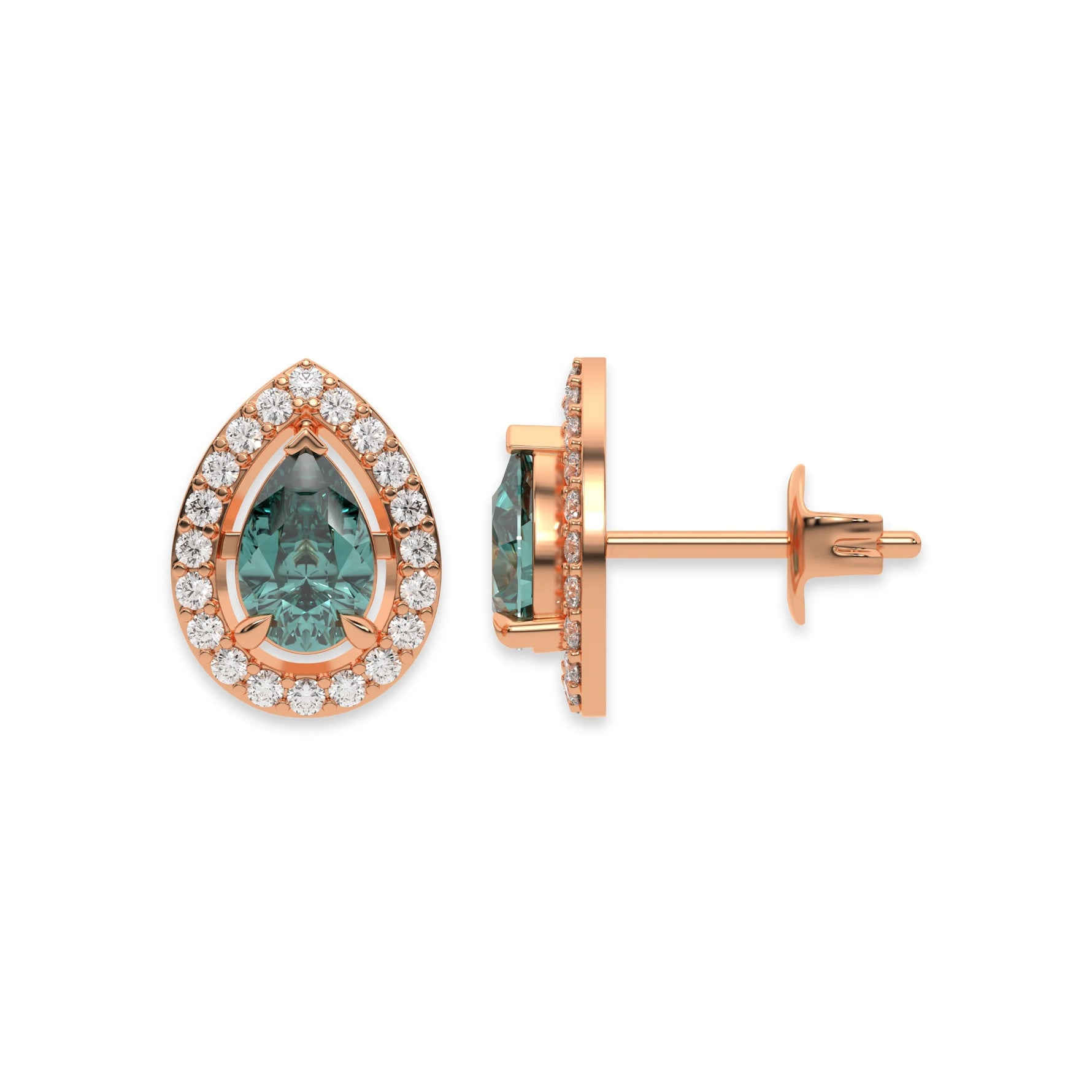 This rose gold Classic Pear Diamond Halo Earrings made with a fancy green pear cut solitaire diamonds set in a four prong setting in top view and side view