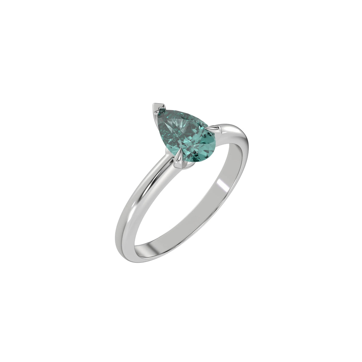 This white gold ring features a fancy Green pear solitaire diamond elegantly secured in a three-prong setting on a solid gold band in 3D view