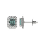 18k white gold Radiant Diamond Halo Earrings made with a fancy green radiant cut solitaire diamonds set in a four prong setting