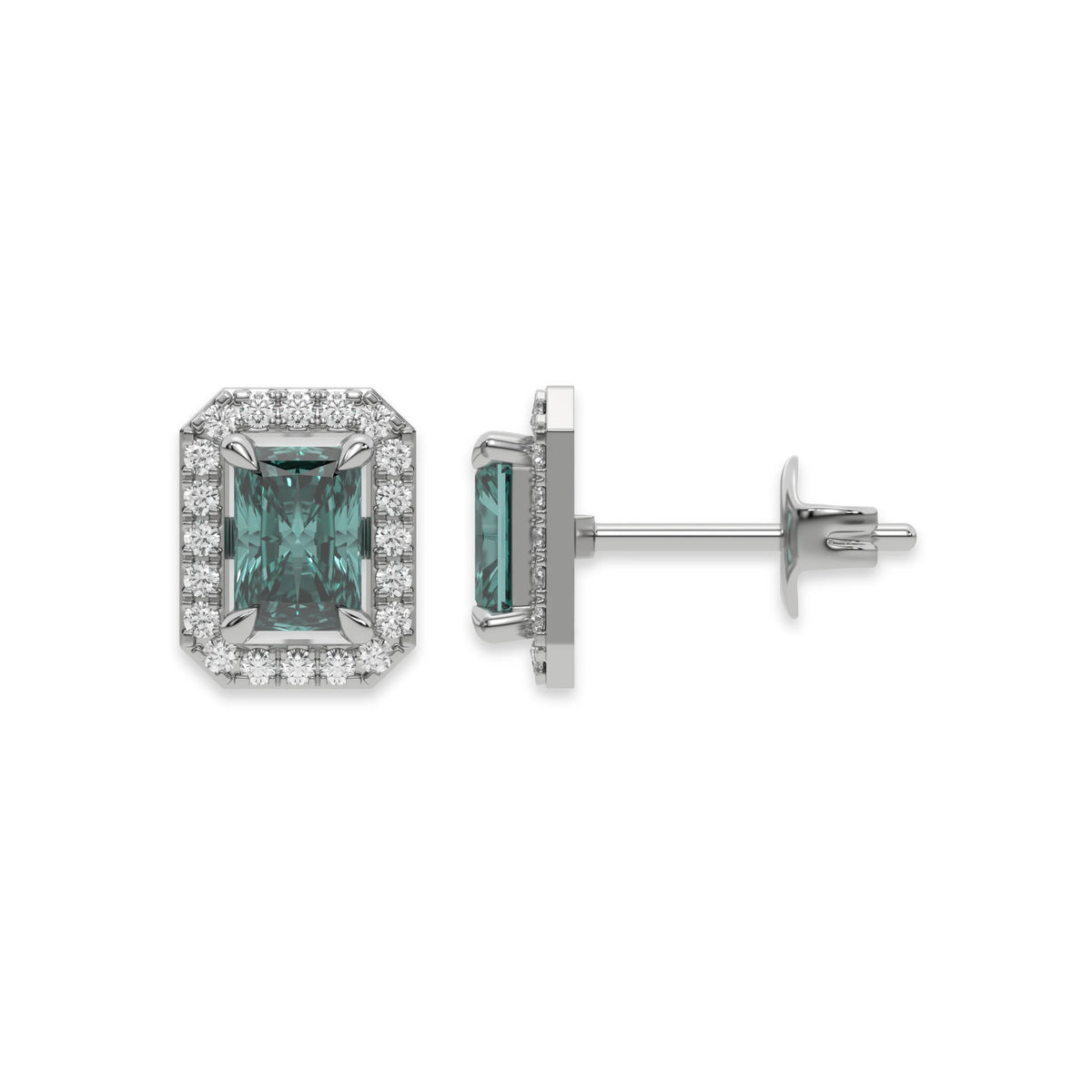 18k white gold Radiant Diamond Halo Earrings made with a fancy green radiant cut solitaire diamonds set in a four prong setting