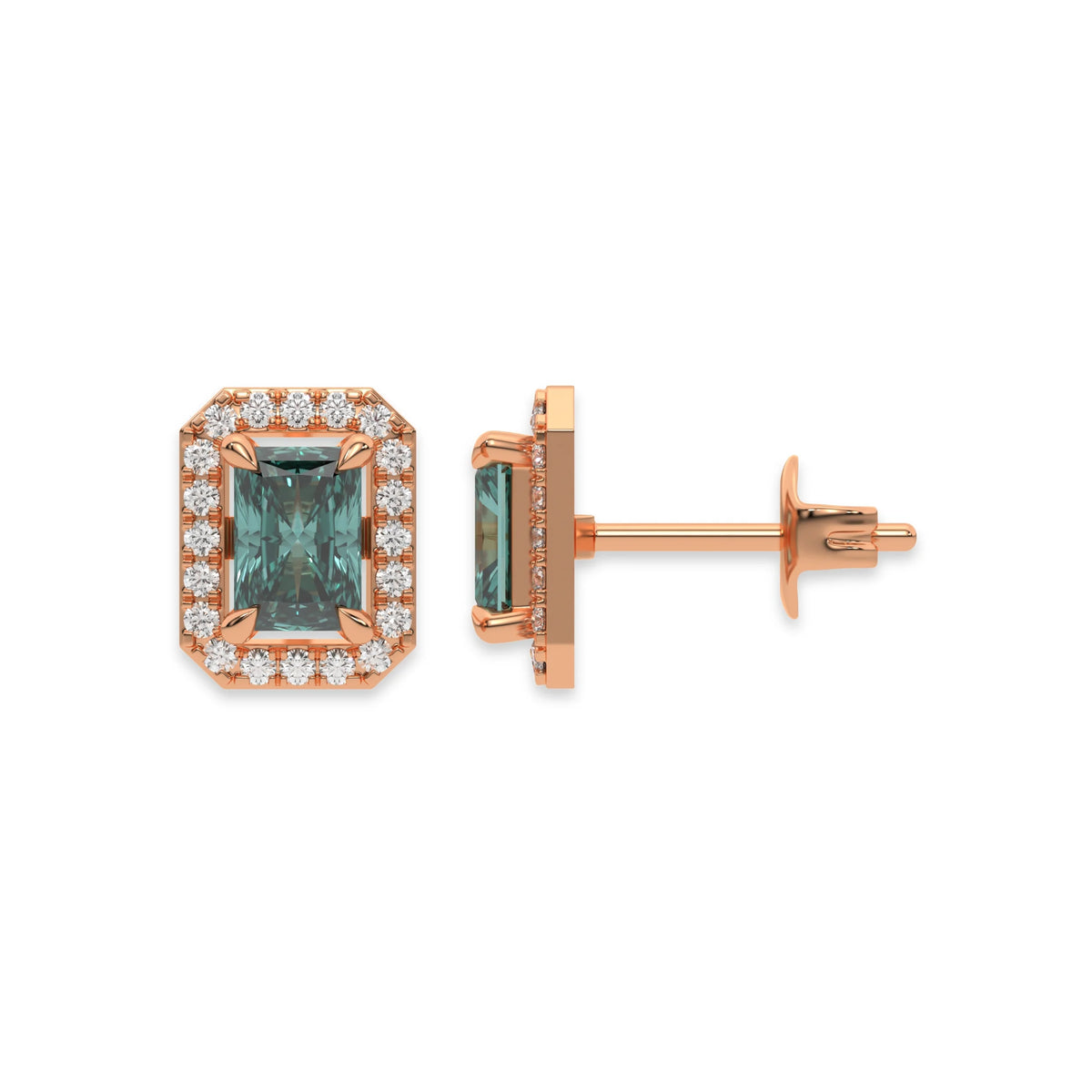 18k Rose gold Radiant Diamond Halo Earrings made with a fancy green radiant cut solitaire diamonds set in a four prong setting