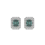 14k white gold Radiant Diamond Halo Earrings made with a fancy green radiant cut solitaire diamonds set in a four prong setting
